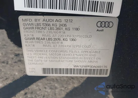 2013 Audi Q5 2.0T Premium from USA, damaged, VIN WA1LFAFP3DA049175